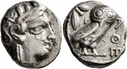 ATTICA. Athens. Circa 420s-404 BC. Tetradrachm (Silver, 24 mm, 16.93 g, 8 h). Head of Athena to right, wrearing crested Attic helmet decorated with th...