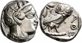 ATTICA. Athens. Circa 420s-404 BC. Tetradrachm (Silver, 24 mm, 17.03 g, 9 h). Head of Athena to right, wrearing crested Attic helmet decorated with th...