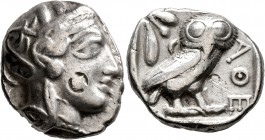 ATTICA. Athens. Circa 420s-404 BC. Tetradrachm (Silver, 24 mm, 16.79 g, 9 h). Head of Athena to right, wrearing crested Attic helmet decorated with th...