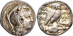 ATTICA. Athens. Circa 165-42 BC. Tetradrachm (Silver, 28 mm, 16.52 g, 12 h), Karaich..., Ergokle... and Kle..., magistrates, circa 121/1. Head of Athe...