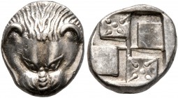 CIMMERIAN BOSPOROS. Pantikapaion. Circa 450-438/7 BC. Diobol (Silver, 12 mm, 1.79 g). Facing head of a lion. Rev. Quadripartite incuse square with win...