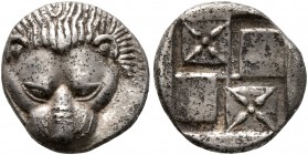 CIMMERIAN BOSPOROS. Pantikapaion. Circa 450-438/7 BC. Diobol (Silver, 12 mm, 1.74 g). Facing head of a lion. Rev. Quadripartite incuse square with win...