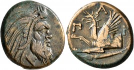 CIMMERIAN BOSPOROS. Pantikapaion. Circa 310-304/3 BC. AE (Bronze, 21 mm, 7.42 g, 9 h). Bearded head of Satyr to right. Rev. Π-A-N Forepart of griffin ...