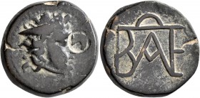 KINGS OF BOSPOROS. Polemo I, circa 14/3-10/9 BC. AE (Bronze, 21 mm, 12.40 g, 1 h). Draped bust of Perseus to right, wearing winged helmet; in field to...