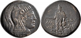 PONTOS. Amisos. Time of Mithradates VI Eupator, circa 85-65 BC. AE (Bronze, 28 mm, 19.19 g, 1 h). Head of Athena to right, wearing crested Attic helme...