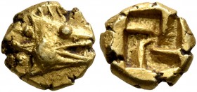 MYSIA. Kyzikos. Circa 600-550 BC. Myshemihekte – 1/24 Stater (Electrum, 6 mm, 0.65 g). Head of a tunny to right; to left, two pellets. Rev. Swastika p...
