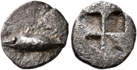 MYSIA. Kyzikos. Circa 600-550 BC. Obol (Silver, 9 mm, 0.52 g). Tunny to left. Rev. Quadripartite incuse square. SNG Paris -. SNG von Aulock 7328. Von ...