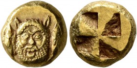 MYSIA. Kyzikos. Circa 550-500 BC. Hekte (Electrum, 9 mm, 2.66 g). Facing head of Silenos; at sides, two tunnies upward. Rev. Quadripartite incuse squa...