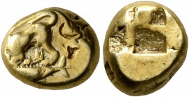 MYSIA. Kyzikos. Circa 500-450 BC. Hekte (Electrum, 9 mm, 2.69 g). Dog crouching to left on tunny left. Rev. Quadripartite incuse square. SNG Paris 231...
