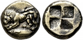 MYSIA. Kyzikos. Circa 500-450 BC. Hekte (Subaeratus, 10 mm, 1.99 g). Lion at bay left on tunny left. Rev. Quadripartite incuse square. CNG E-Auction 3...