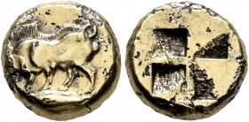 MYSIA. Kyzikos. Circa 500-450 BC. Hekte (Subaeratus, 10 mm, 2.28 g). Boar standing left on tunny left. Rev. Quadripartite incuse square. Cf. Von Fritz...