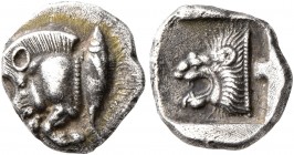 MYSIA. Kyzikos. Circa 450-400 BC. Obol (Silver, 11 mm, 1.18 g, 7 h). Forepart of a boar to left; to right, tunny upward. Rev. Head of a lion to left w...
