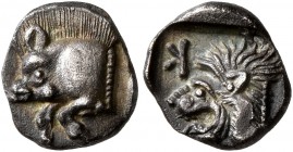 MYSIA. Kyzikos. Circa 450-400 BC. Obol (Silver, 9 mm, 0.79 g, 8 h). Forepart of a boar to left; to right, [tunny upward]. Rev. K Head of a lion to lef...