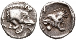MYSIA. Kyzikos. Circa 450-400 BC. Hemiobol (Silver, 7 mm, 0.33 g). Forepart of a boar to right; to right, tunny upward. Rev. K Head of a lion to left ...