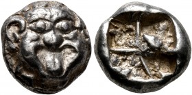 MYSIA. Parion. 5th century BC. Drachm (Silver, 13 mm, 3.95 g). Facing gorgoneion with large ears and protruding tongue. Rev. Irregular pattern within ...