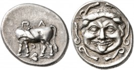 MYSIA. Parion. 4th century BC. Hemidrachm (Silver, 14 mm, 2.37 g, 2 h). ΠΑ/ΡΙ Bull standing left, head turned back to right, on ground ivy-leaf. Rev. ...