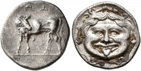 MYSIA. Parion. 4th century BC. Hemidrachm (Silver, 14 mm, 2.35 g, 6 h). ΠΑ/ΡΙ Bull standing left, head turned back to right; below, star. Rev. Gorgone...