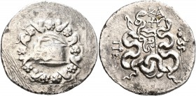 MYSIA. Pergamon. Circa 166-67 BC. Cistophorus (Silver, 29 mm, 11.99 g, 12 h). Cista mystica from which snake coils; around, ivy wreath with fruits. Re...
