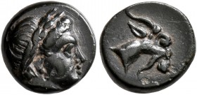 AEOLIS. Aigai. 4th-3rd centuries BC. Chalkous (Bronze, 9 mm, 1.04 g, 11 h). Laureate head of Apollo to right. Rev. Head of a goat to right. SNG Copenh...