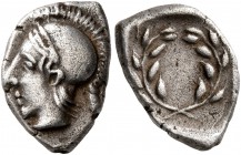 AEOLIS. Elaia. Circa 450-400 BC. Diobol (Silver, 12 mm, 1.23 g, 1 h). Head of Athena to left, wearing crested Attic helmet. Rev. Laurel wreath within ...