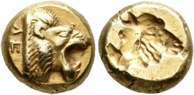 LESBOS. Mytilene. Circa 521-478 BC. Hekte (Electrum, 9 mm, 2.59 g, 10 h). ΛE Head of a roaring lion to right. Rev. Incuse head of a calf to right with...