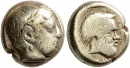 LESBOS. Mytilene. Circa 454-428/7 BC. Hekte (Electrum, 10 mm, 2.53 g, 2 h). Laureate head of Apollo to right. Rev. Bearded head of Silenos to right wi...