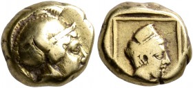 LESBOS. Mytilene. Circa 412-378 BC. Hekte (Electrum, 10 mm, 2.51 g, 6 h). Helmeted head of Athena to right. Rev. Head of Artemis-Kybele to right, wear...