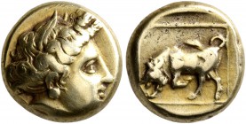LESBOS. Mytilene. Circa 377-326 BC. Hekte (Electrum, 10 mm, 2.54 g, 2 h). Head of Persephone to right, wearing wreath of grain ears. Rev. Bull butting...