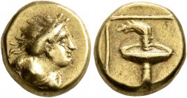 LESBOS. Mytilene. Circa 377-326 BC. Hekte (Electrum, 10 mm, 2.46 g, 11 h). Half length bust of a Maenad, hair in sphendone, to right. Rev. Race torch ...