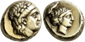 LESBOS. Mytilene. Circa 377-326 BC. Hekte (Electrum, 10 mm, 2.56 g, 7 h). Laureate head of Apollo to right. Rev. Head of a female to right, her hair b...