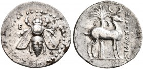 IONIA. Ephesos. Circa 202-150 BC. Drachm (Silver, 20 mm, 3.85 g, 12 h), Dioskourides, magistrate. Ε-Φ Bee. Rev. ΔΙΟΣΚΟΥΡΙΔΗΣ Stag standing right; palm...