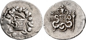IONIA. Ephesos. Circa 180-67 BC. Cistophorus (Silver, 28 mm, 12.57 g, 1 h), CY 48 = 87/6 BC. Cista mystica from which snake coils; around, ivy wreath ...