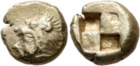 IONIA. Erythrai. Circa 550-500 BC. Hekte (Electrum, 10 mm, 2.41 g). Head of Herakles to left, wearing lion skin headdress. Rev. Quadripartite incuse s...