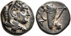 IONIA. Erythrai. Circa 400-375 BC. Chalkous (Bronze, 12 mm, 2.13 g, 11 h). Head of Herakles to right, wearing lion skin headdress. Rev. A Quiver over ...