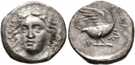 IONIA. Klazomenai. Circa 386-301 BC. Hemidrachm (Silver, 12 mm, 1.97 g, 12 h), Hikesios, magistrate. Laureate head of Apollo facing slightly to left. ...