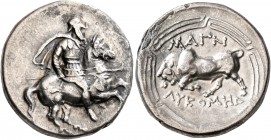 IONIA. Magnesia ad Maeandrum. Circa 350-325 BC. Didrachm (Silver, 21 mm, 7.04 g, 12 h), Lykomedes, magistrate. Warrior on horseback right, holding spe...