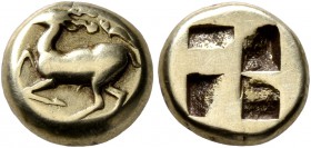 IONIA. Phokaia. Circa 478-387 BC. Hekte (Electrum, 10 mm, 2.50 g). Stag crouching left; above, small seal left. Rev. Quadripartite incuse square. Bode...