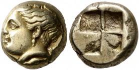 IONIA. Phokaia. Circa 387-326 BC. Hekte (Electrum, 9 mm, 2.53 g). Head of Artemis to left with quiver over her shoulder; below, seal to left. Rev. Qua...