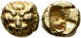 IONIA. Uncertain. Circa 600-550 BC. Myshemihekte – 1/24 Stater (Electrum, 6 mm, 0.67 g), Lydo–Milesian standard. Facing lion head. Rev. Incuse square ...