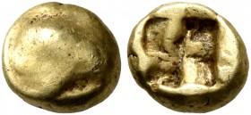 IONIA. Uncertain. Circa 600-550 BC. Myshemihekte – 1/24 Stater (Electrum, 6 mm, 0.62 g). Head of a ram to right. Rev. Quadripartite incuse square. CNG...