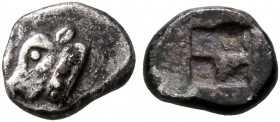 IONIA. Uncertain. Circa 550-500 BC. Tetartemorion (Silver, 6 mm, 0.23 g). Head of a calf to left. Rev. Quadripartite incuse square. Cf. Leu 3 (2018), ...
