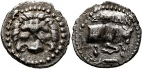 ISLANDS OFF IONIA, Samos. Circa 210-185 BC. Tetrobol (Silver, 17 mm, 2.41 g, 11 h). Facing scalp of a lion. Rev. ΣΑΜΙΩΝ Forepart of a bull butting rig...