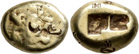 KINGS OF LYDIA. Alyattes II to Kroisos, circa 610-546 BC. Trite (Electrum, 12 mm, 4.61 g), Sardes. Head of a lion with sun and rays on its forehead to...