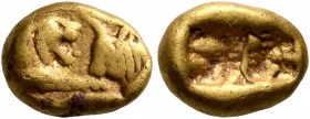 KINGS OF LYDIA. Kroisos, circa 560-546 BC. 1/6 Stater (Gold, 9 mm, 1.79 g), Sardes. Confronted foreparts of a lion and a bull. Rev. Two incuse squares...