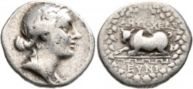 CARIA. Antioch ad Maeandrum. Circa 168/150-133 BC. Drachm (Silver, 17 mm, 3.65 g, 12 h), Eunikos, magistrate. Laureate and draped bust of Artemis to r...