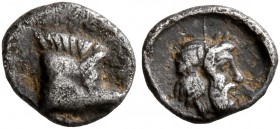 CARIA. Euromos. 5th century BC. Tetartemorion (Silver, 7 mm, 0.24 g, 12 h). Forepart of a boar to right. Rev. Laureate head of Zeus to right. Klein 51...