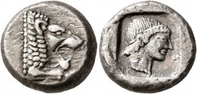 CARIA. Knidos. Circa 500-490 BC. Drachm (Silver, 16 mm, 6.10 g, 12 h). Forepart of a roaring lion to right. Rev. Head of Aphrodite to right, wearing t...
