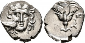 CARIA. Mylasa. Circa 170-130 BC. Drachm (Silver, 15 mm, 2.44 g, 1 h), imitating Rhodes. Facing head of Helios; to lower left and superimposed on cheek...