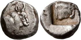 CARIA. Uncertain. 5th century BC. Diobol (Silver, 12 mm, 2.33 g, 11 h). Forepart of a bull to right. Rev. Head of bull to right within incuse square. ...