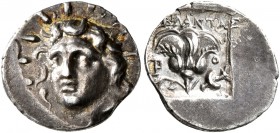 ISLANDS OFF CARIA, Rhodos. Rhodes. Circa 125-88 BC. Hemidrachm (Silver, 13 mm, 1.41 g, 11 h), ‘Plinthophoric’ coinage, Melantas, magistrate. Radiate h...